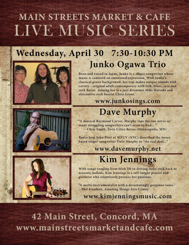 Junko Ogawa Trio, Dave Murphy and Kim Jennings at the Main Streets Cafe Live Music Series, Concord, MA