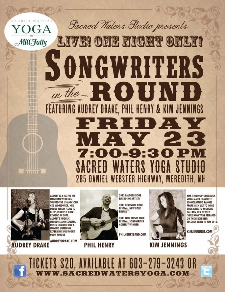 Audrey Drake, Phil Henry and Kim Jennings: Songwriters in the Round, Sacred Waters Yoga on Friday, May 23, 2014 at 7:00 PM