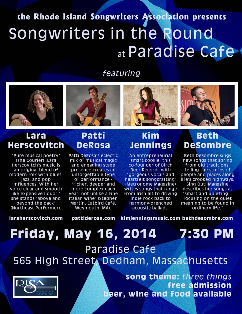 Songwriters in the Round at the Paradise Cafe Dedham, May 16, 2014 with Beth Desombre, Lara Herscovitch, Patti DeRosa, Kim Jennings