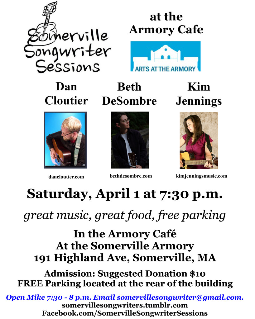 Dan Cloutier, Beth DeSombre, Kim Jennings at Somerville Songwriter Sessions. Saturday, April 1, 2017 at the Somerville Armory.